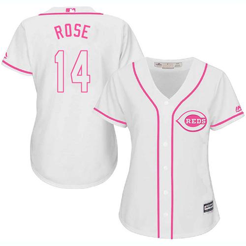 Reds #14 Pete Rose White/Pink Fashion Women's Stitched MLB Jersey - Click Image to Close